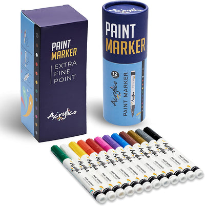 ACRYLICO SET OF 12 COLORS ACRYLIC PAINT PENS- EXTRA FINE TIP - Acrylico-Markers